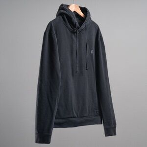 AllSaints Men’s Lg Hoodie Raven Black Pullover French Terry Pocket LS Sweatshirt